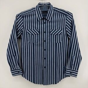 7 Diamonds Button Up Shirt Mens L Blue Striped Cotton Long Sleeve Embroidered